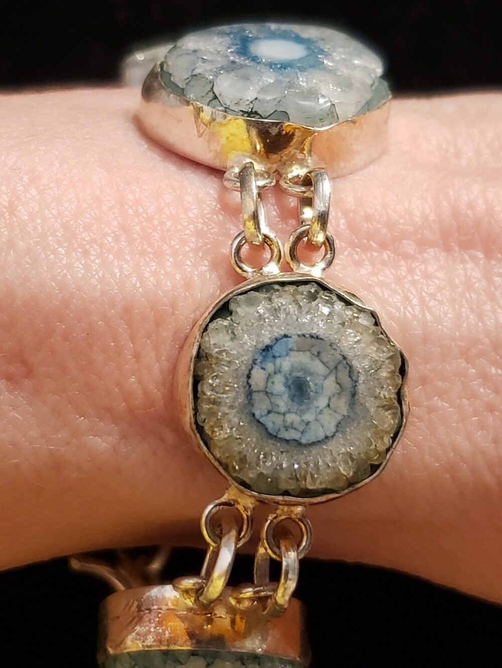 NEW Genuine Solar Quartz Slice Crystal Bracelet Set In 925 Silver, Artisan Made.
